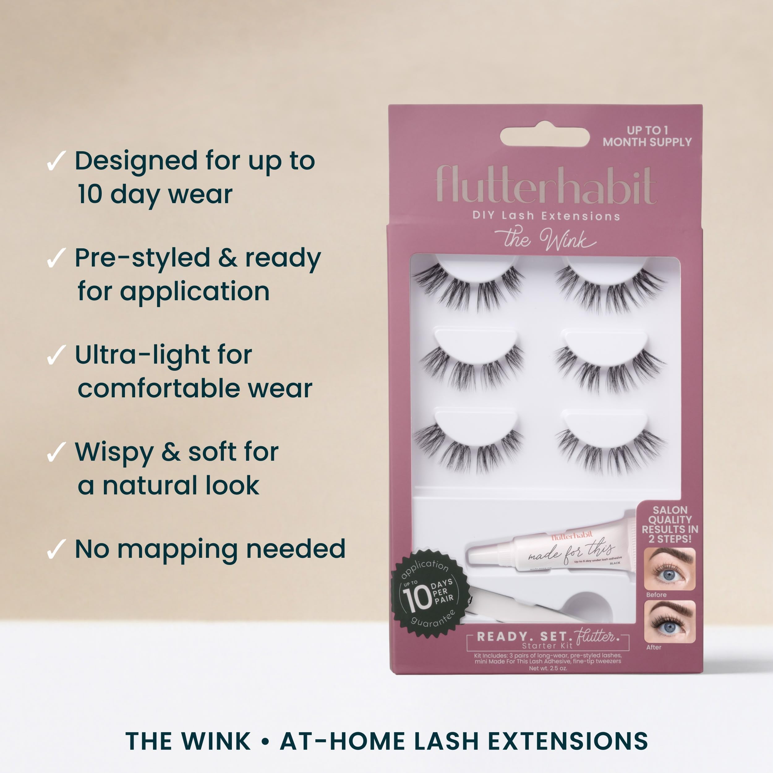 FlutterHabit Wink adhesive included ensures secure wear with easy cleanup