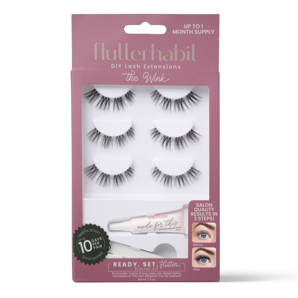 FlutterHabit Wink kit contents show three lash sets for at home extensions
