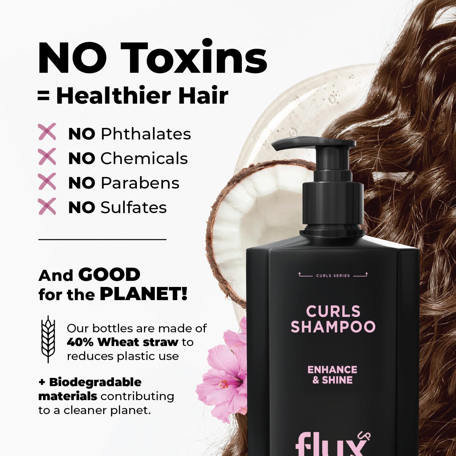 Flux Up Curly Hair Shampoo packaging flatlay highlights ritual-worthy routine for frizz control.