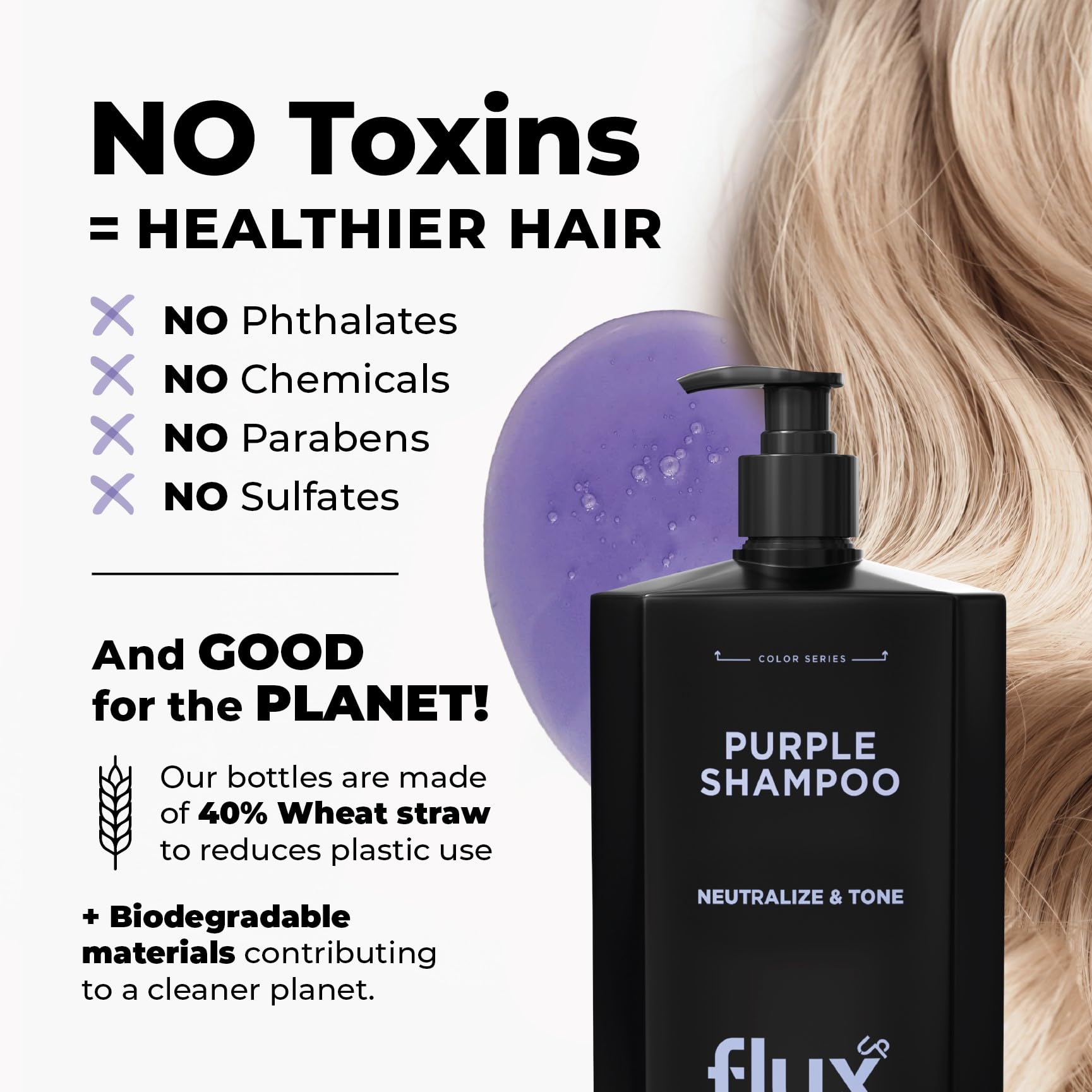 Flux Up Purple Shampoo sulfate free formula for sensitive scalps and color care.