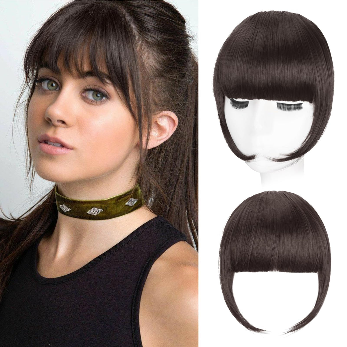 Flvaco bangs closeup with natural blend for seamless daily wear.
