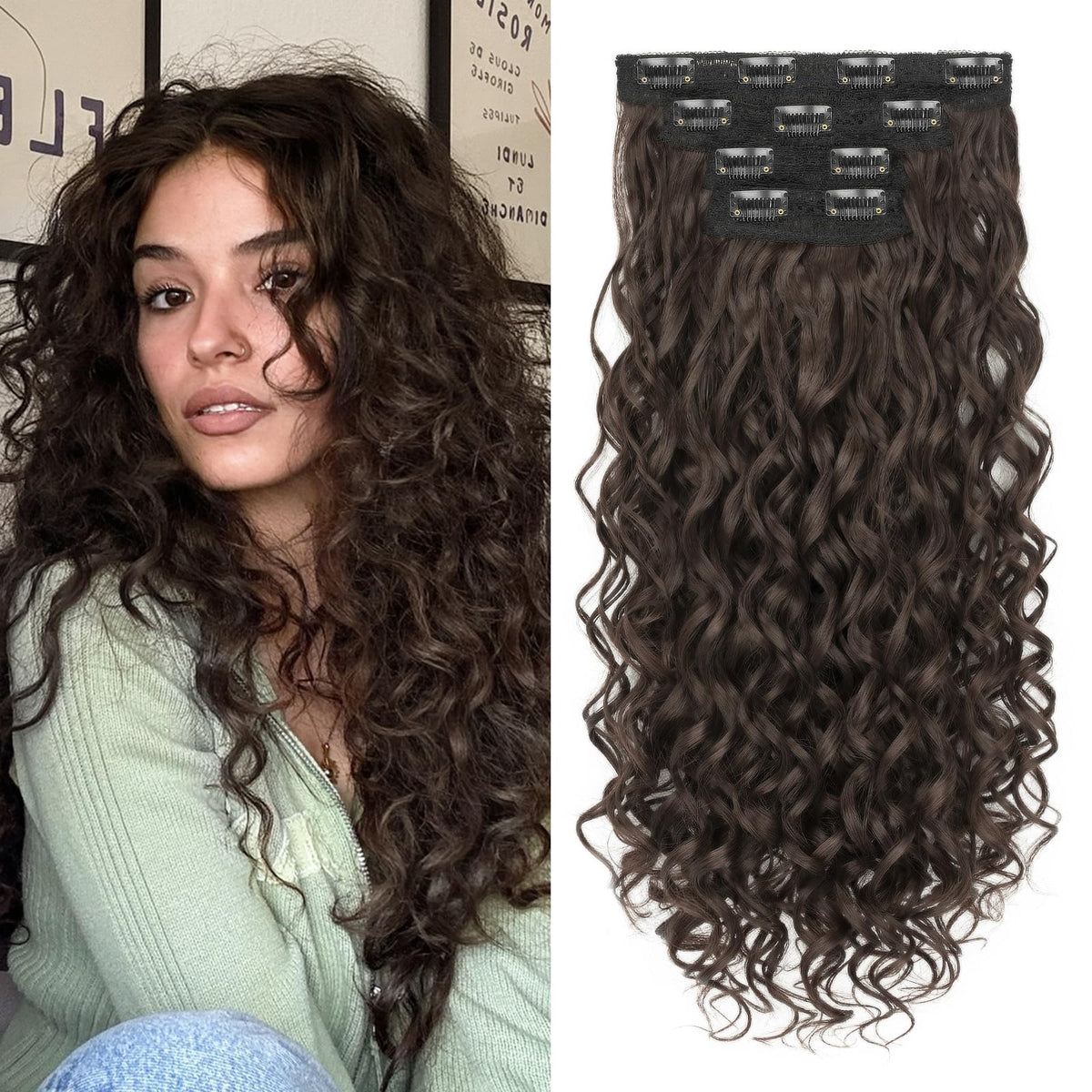 Flvaco curly clip-in extensions with 20-inch chocolate brown for natural-looking volume.