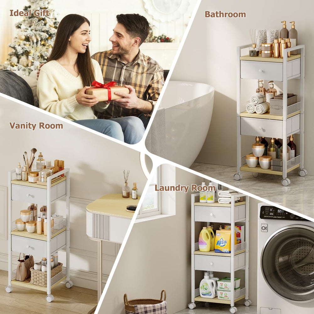Flycity makeup cart drawer open displaying cosmetics and accessories.