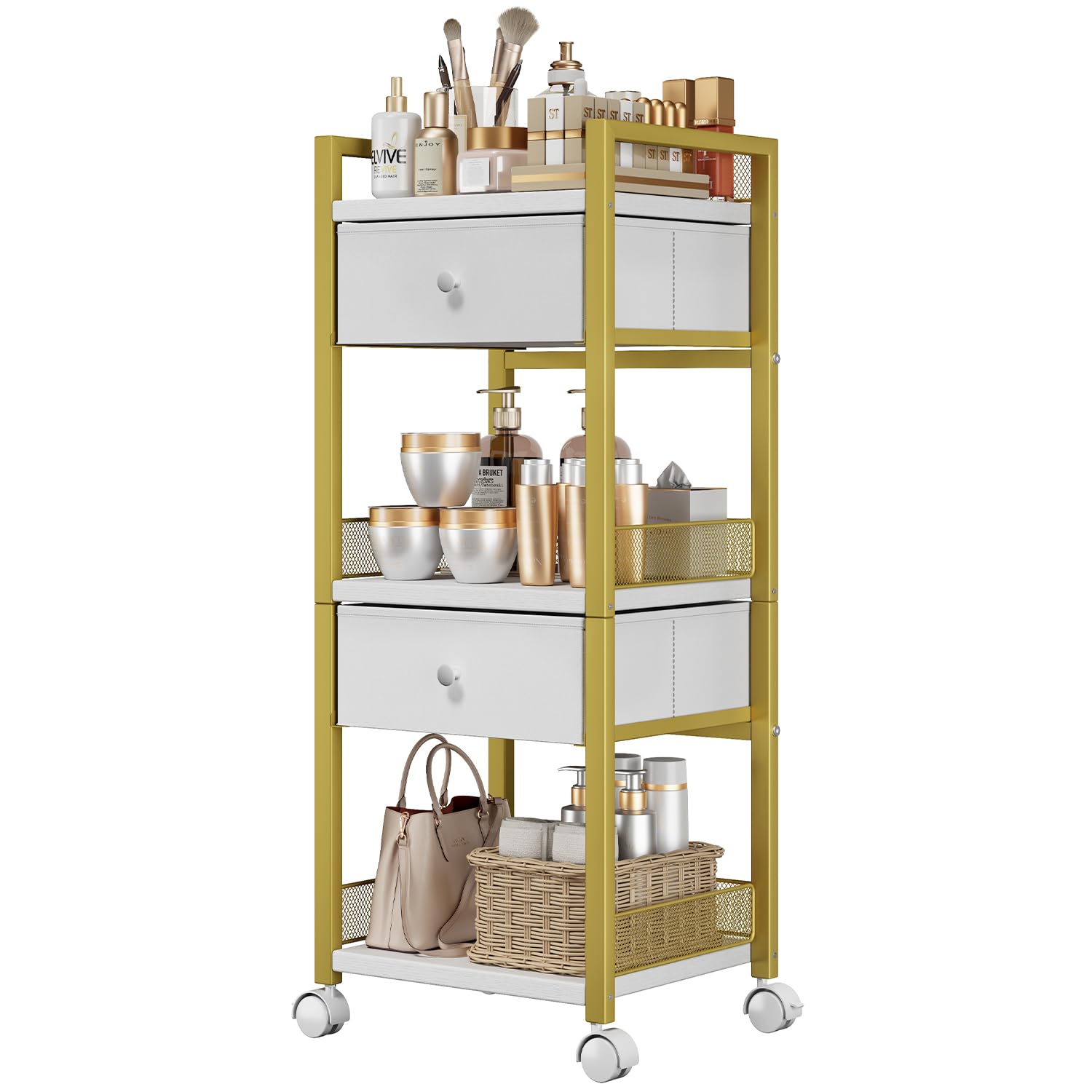 Flycity makeup cart front view with gold finish and roomy drawers for quick access.