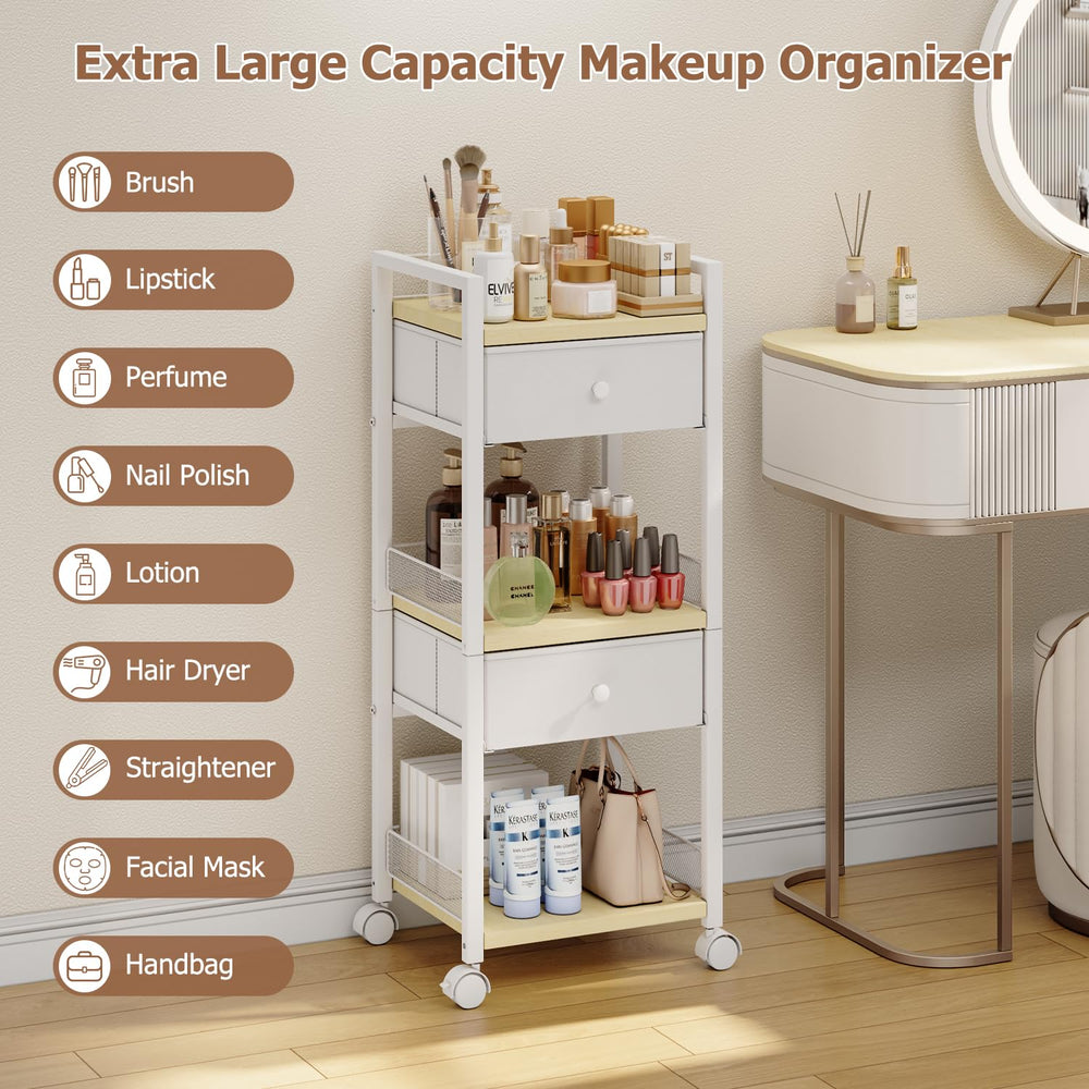Flycity makeup cart front view with white finish and tidy organization.