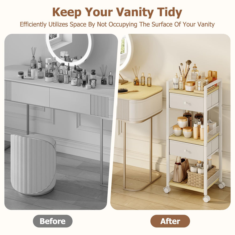Flycity makeup cart guardrails secure bottles and jars during movement.