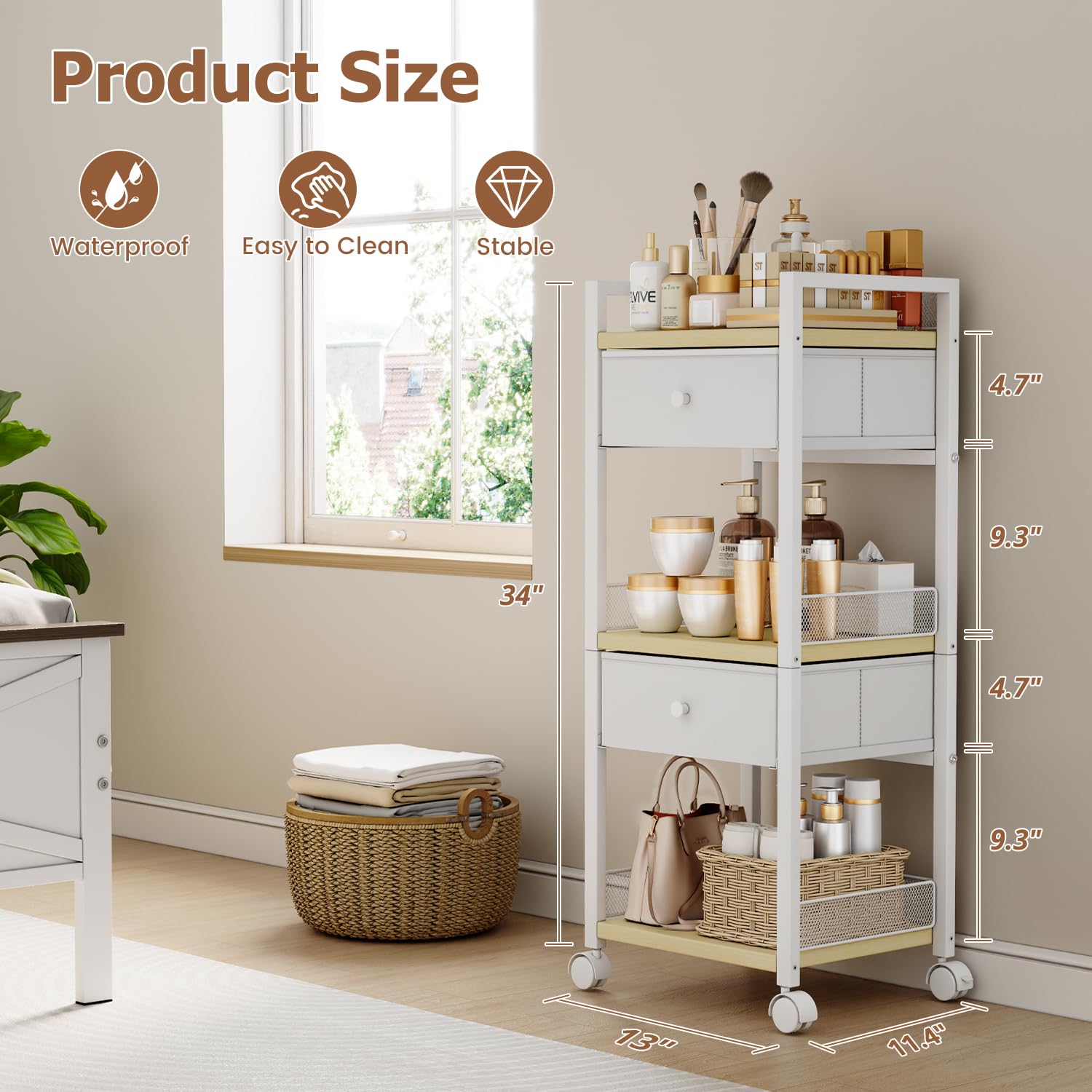 Flycity makeup cart reinforced frame supports sturdy load bearing and stability.