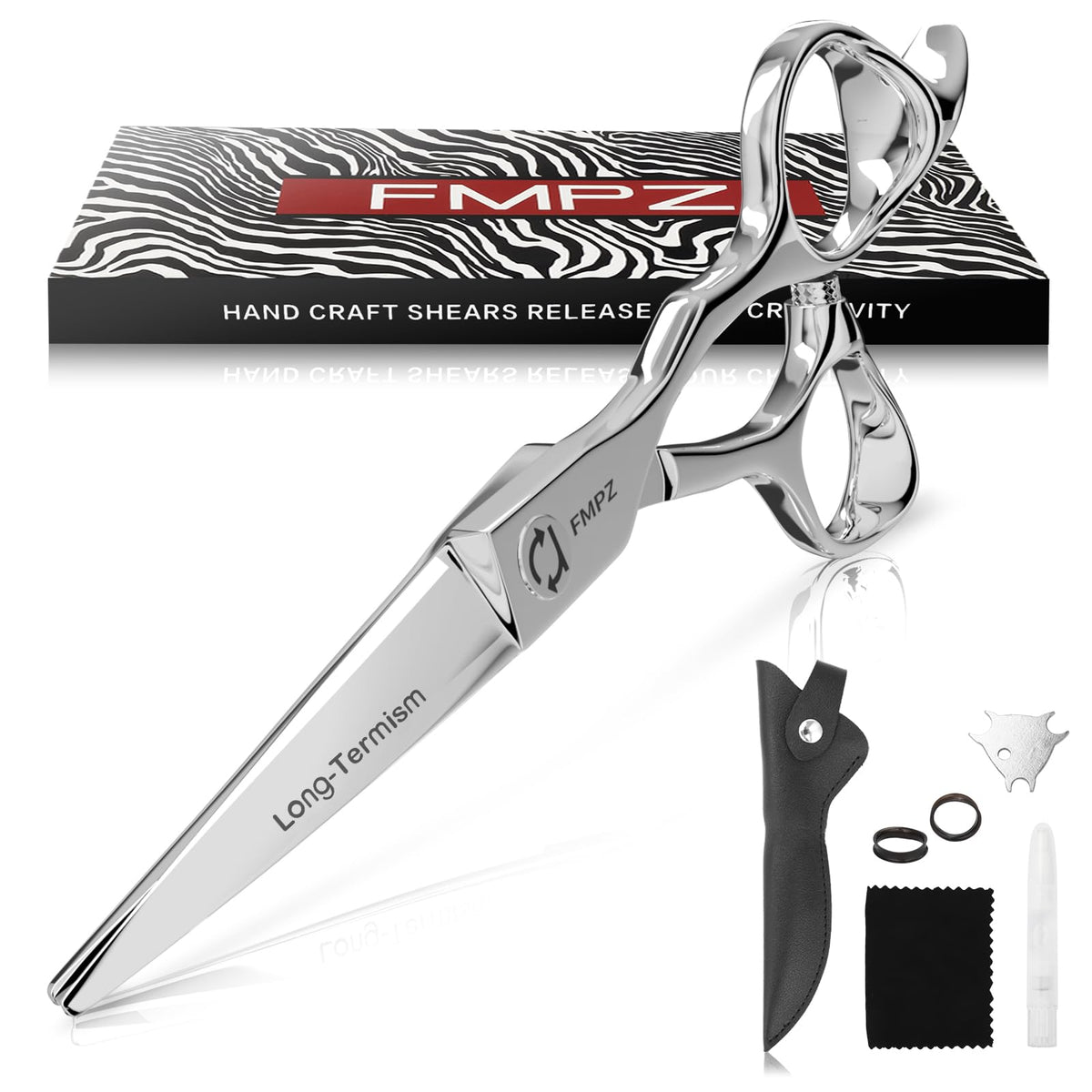 FMPZ hair cutting scissors 5.5-inch blade close-up for precise cuts.