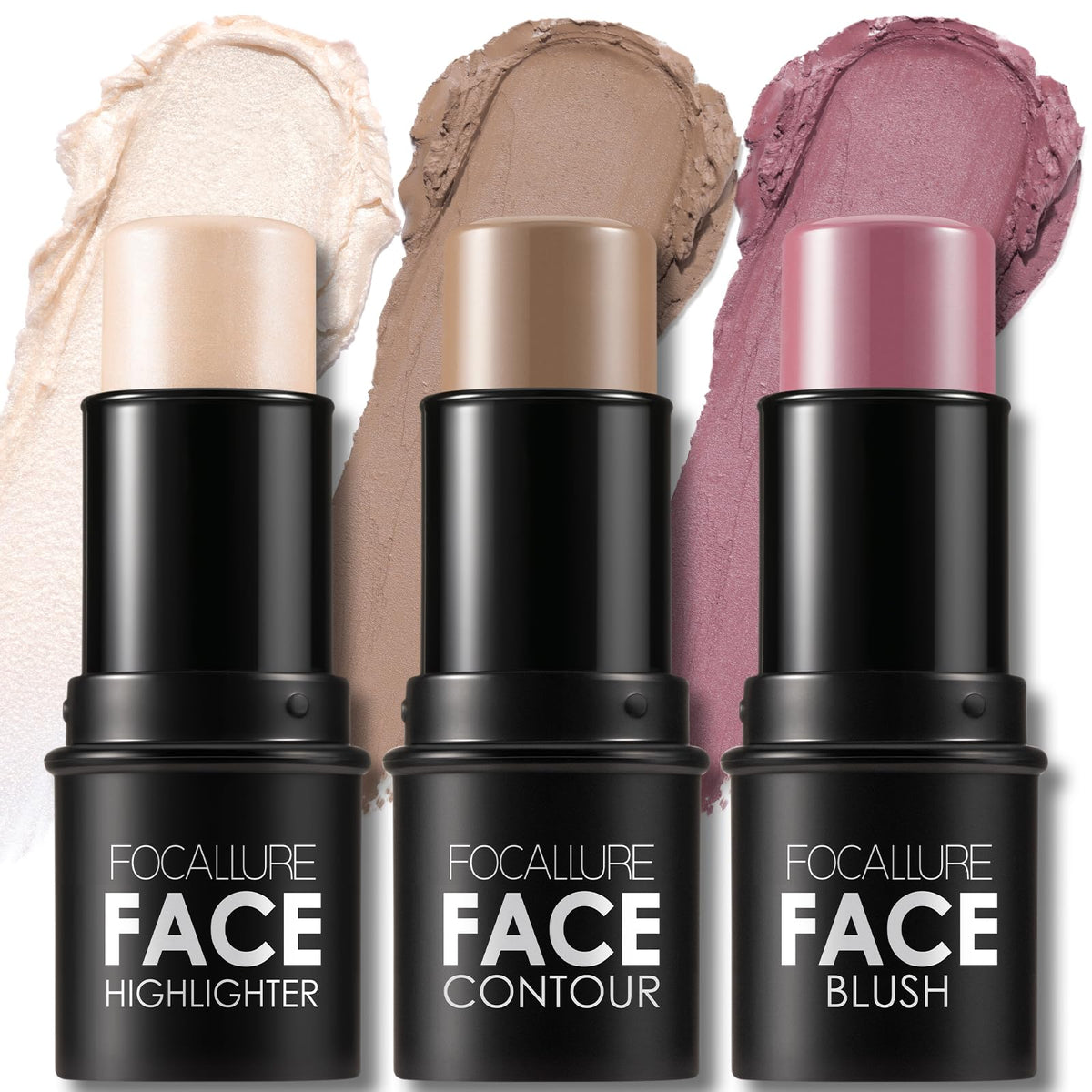 FOCALLURE 3 Pcs Contour Sticks swatches show blendable tones for natural glow.