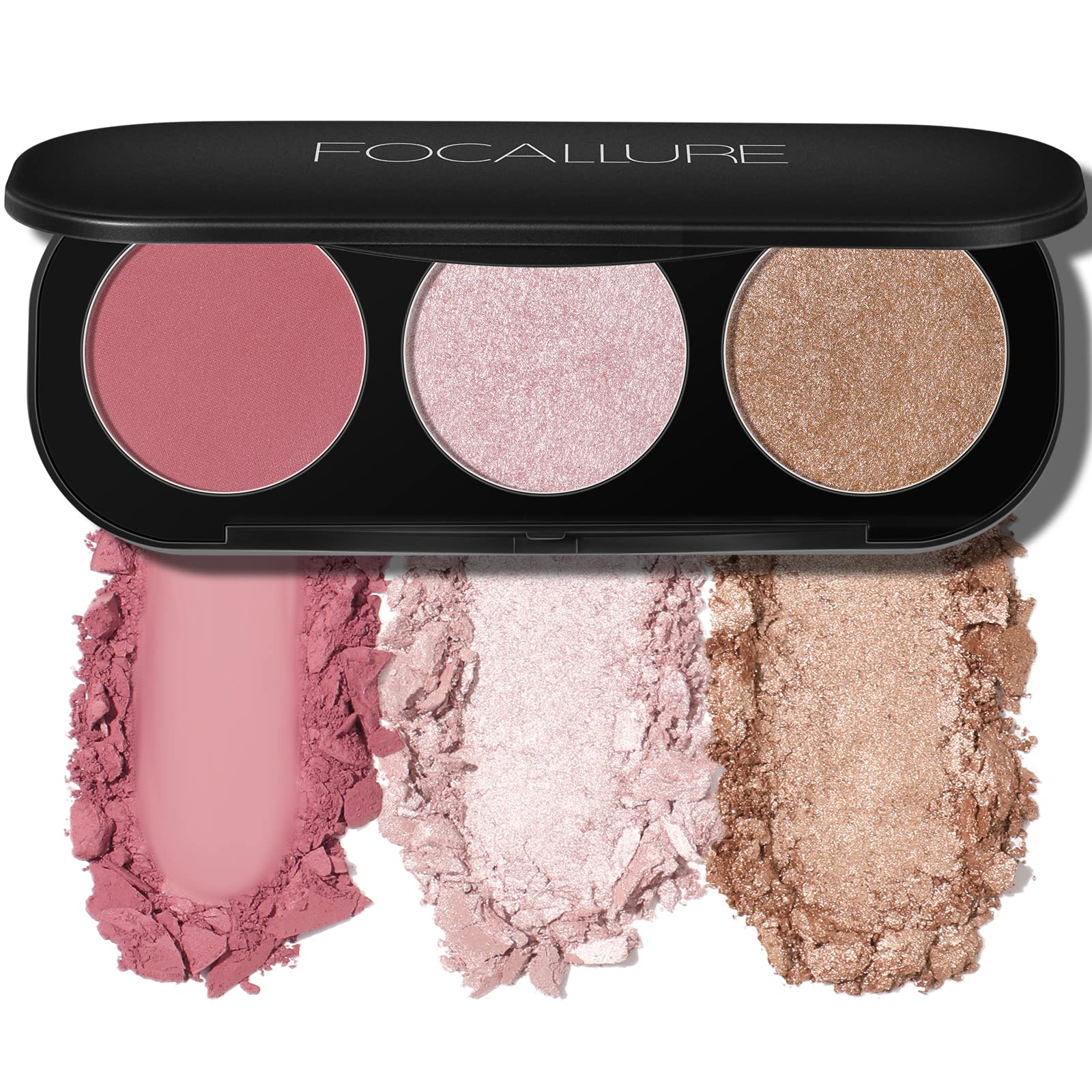 FOCALLURE 3-in-1 blush and highlighter palette open for versatile cheek makeup and glow.