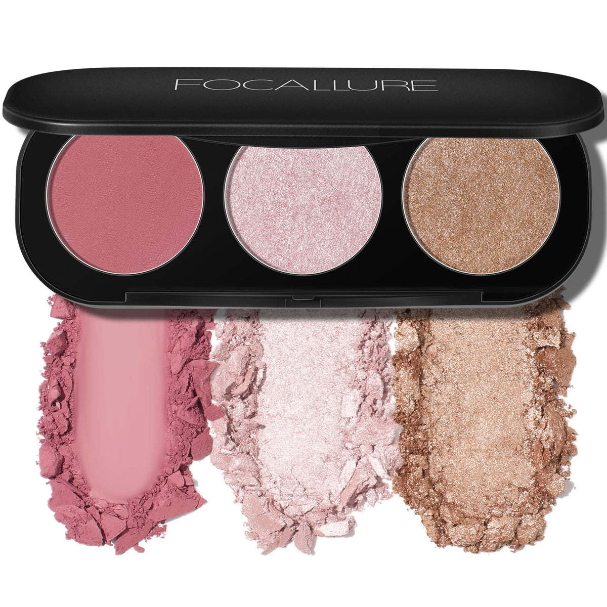 FOCALLURE 3-in-1 blush and highlighter palette open for versatile cheek makeup and glow.