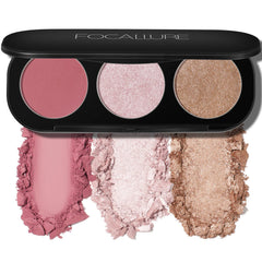 FOCALLURE 3-in-1 blush and highlighter palette open for versatile cheek makeup and glow.