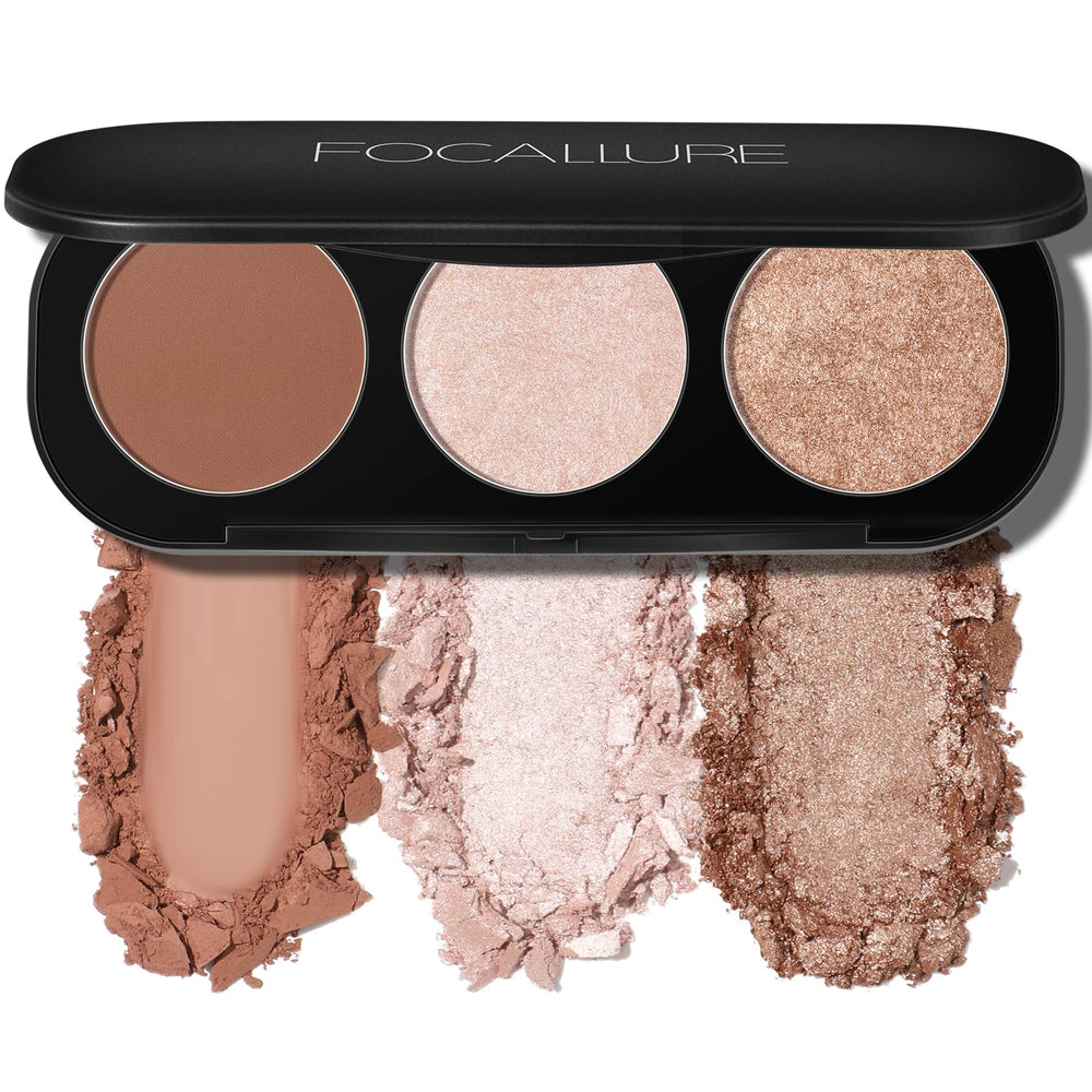 FOCALLURE 3-in-1 makeup palette compact for versatile daily looks with blush and highlighter.