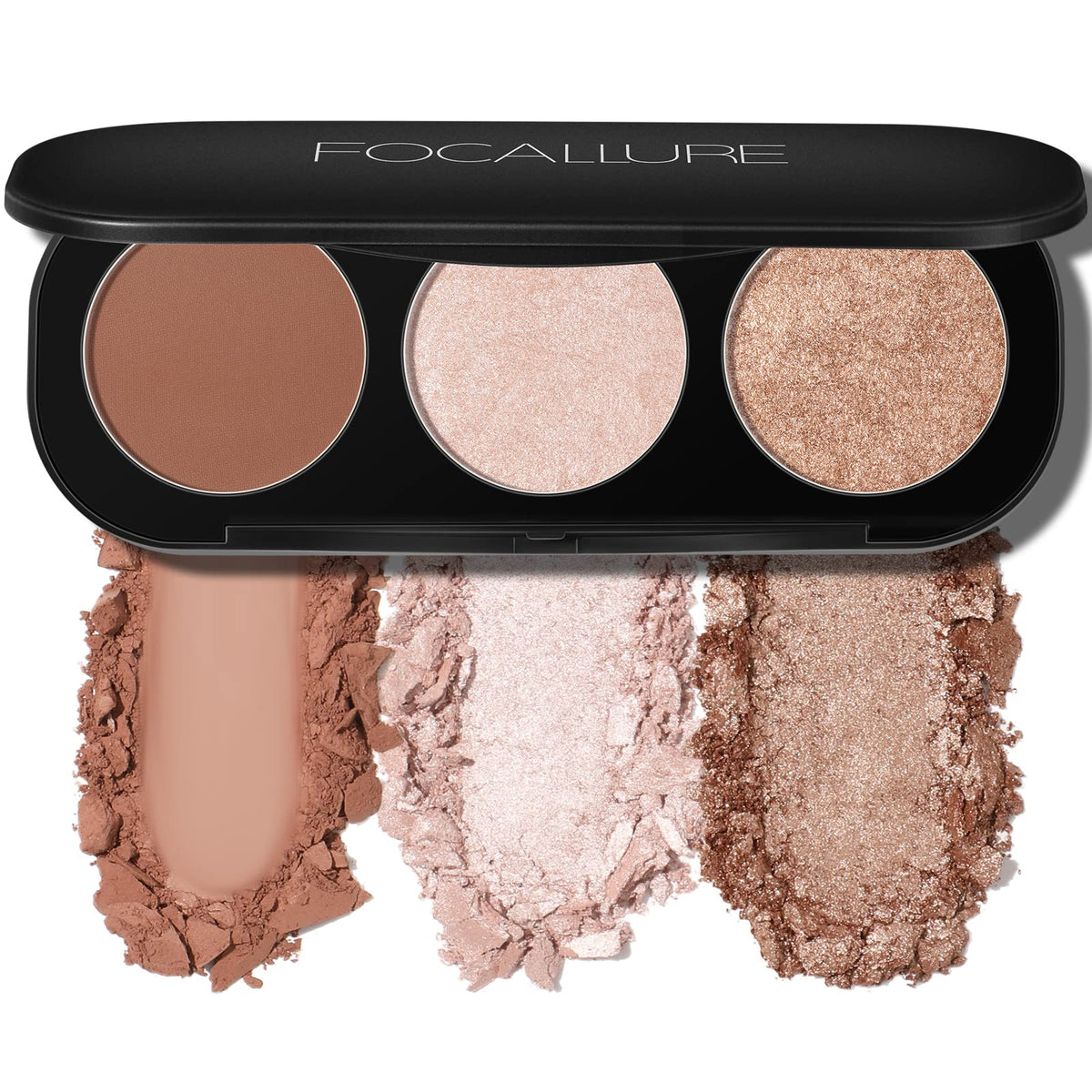 FOCALLURE 3-in-1 makeup palette compact for versatile daily looks with blush and highlighter.