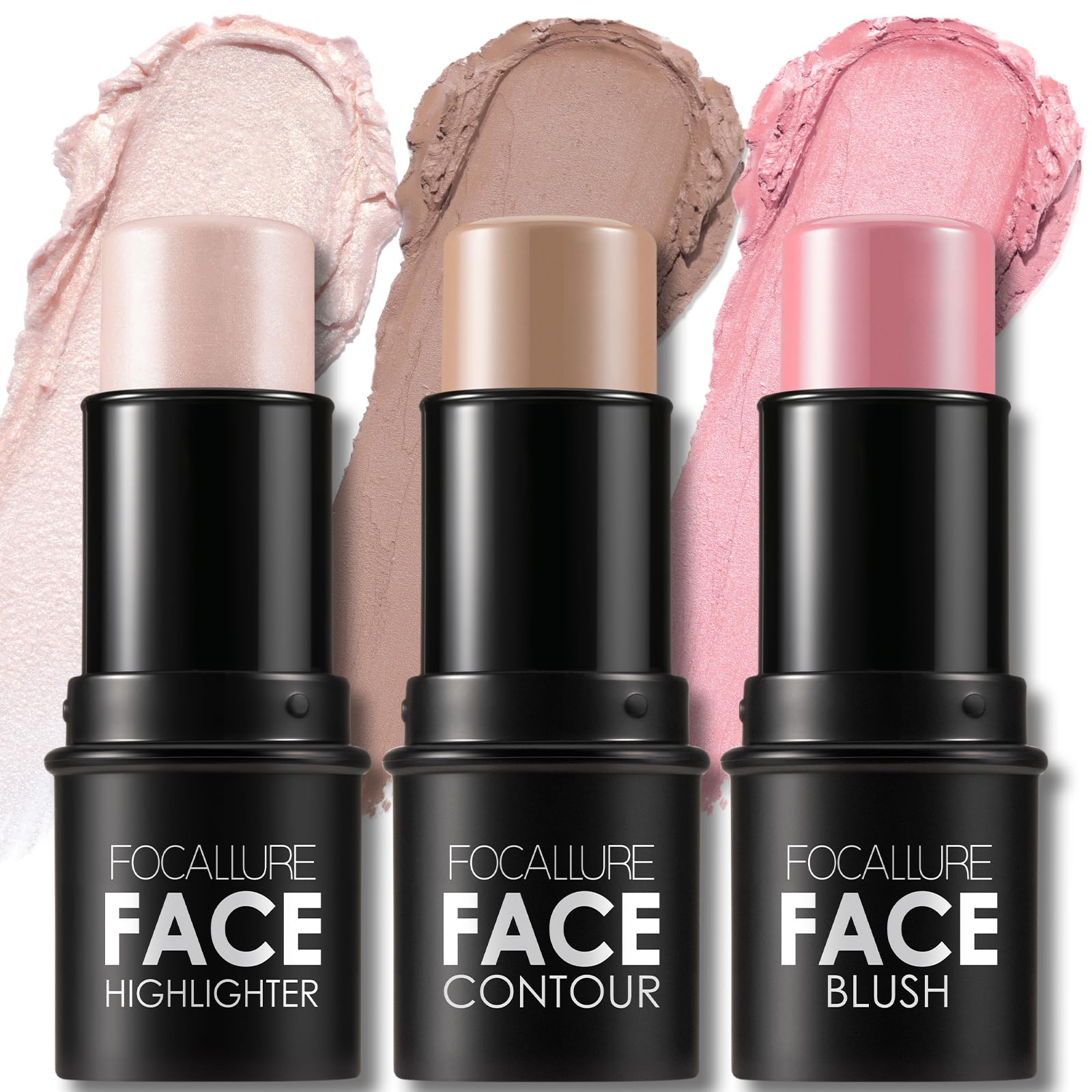 FOCALLURE 3 Pcs Cream Contour Sticks pack swatches for silky blend and easy sculpting.