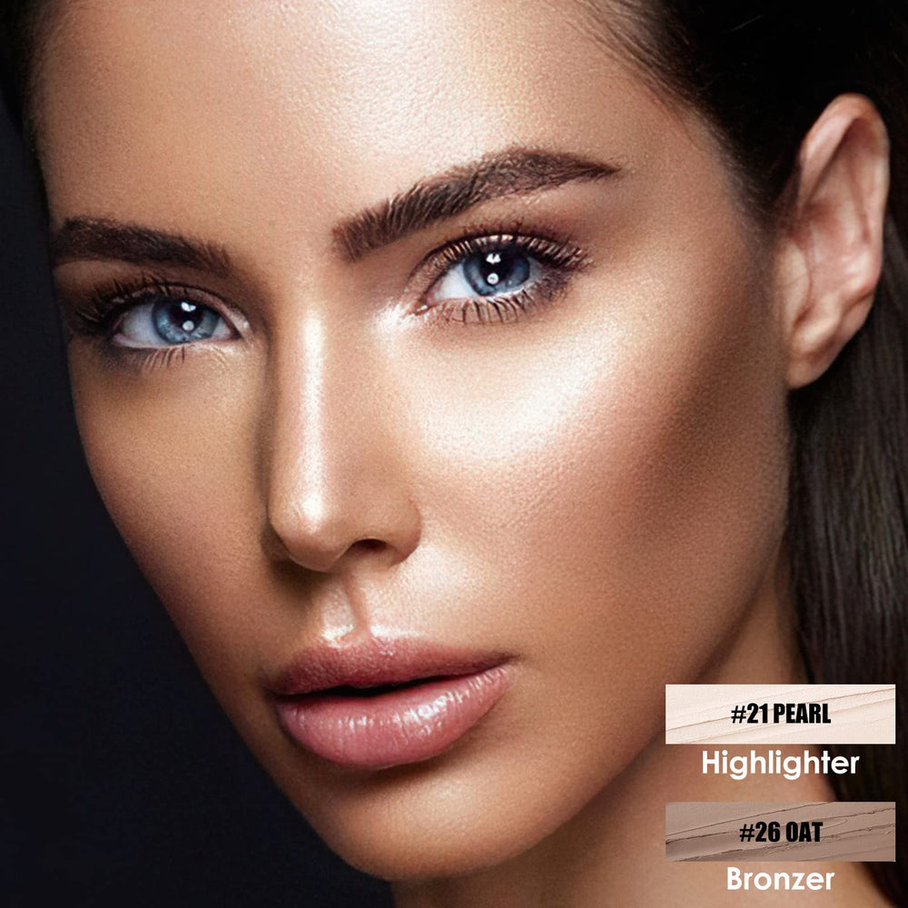 FOCALLURE contour stick with bronzer and highlighter swatches on skin.