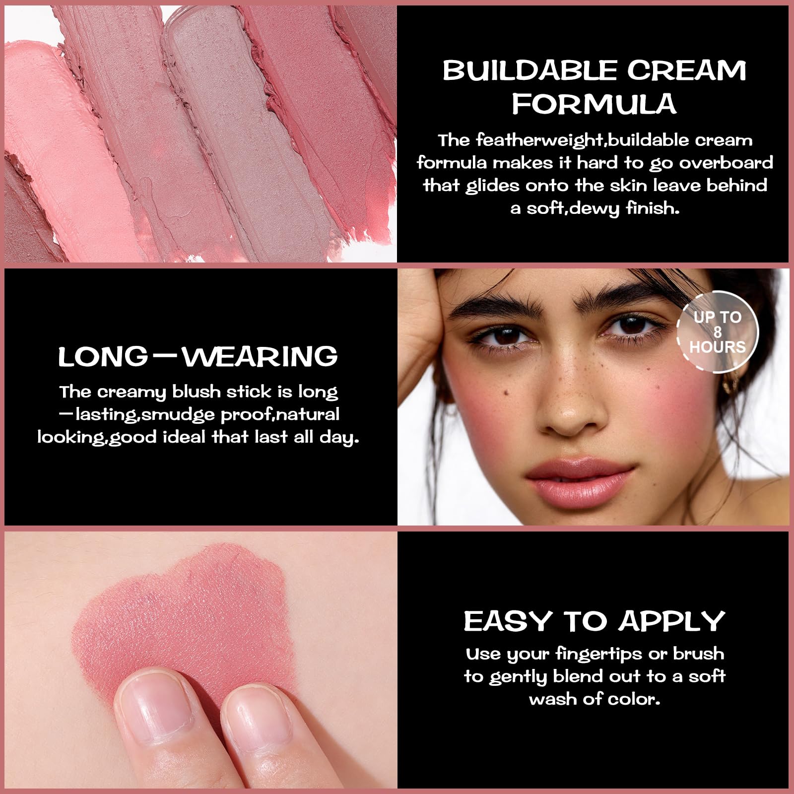FOCALLURE Rose Flush cream blush on cheeks with buildable pigment and even coverage.
