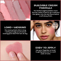 FOCALLURE Rose Flush cream blush on cheeks with buildable pigment and even coverage.