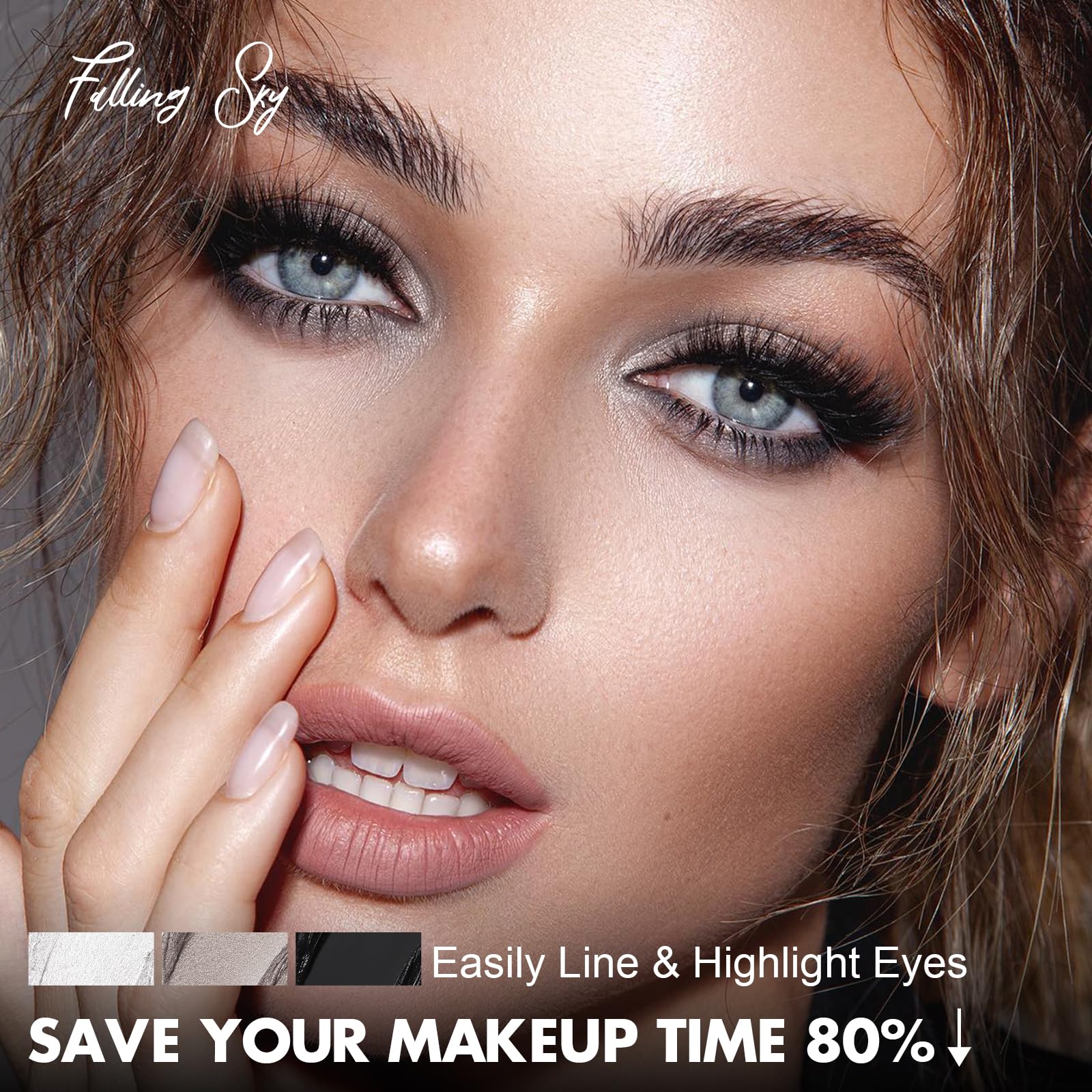 FOCALLURE Falling Sky shimmer shade on eyelid demonstrates sparkling payoff.