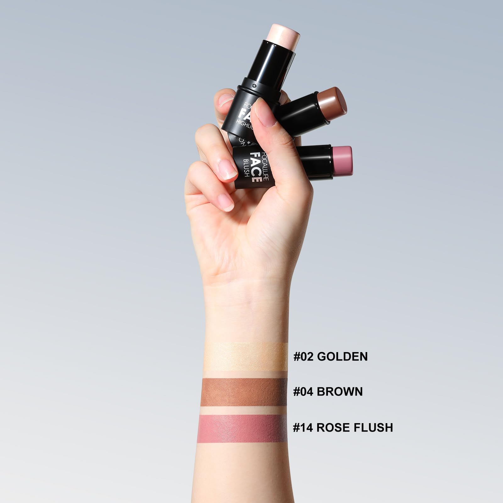 FOCALLURE swatches of highlighter, bronzer, and blush on skin.