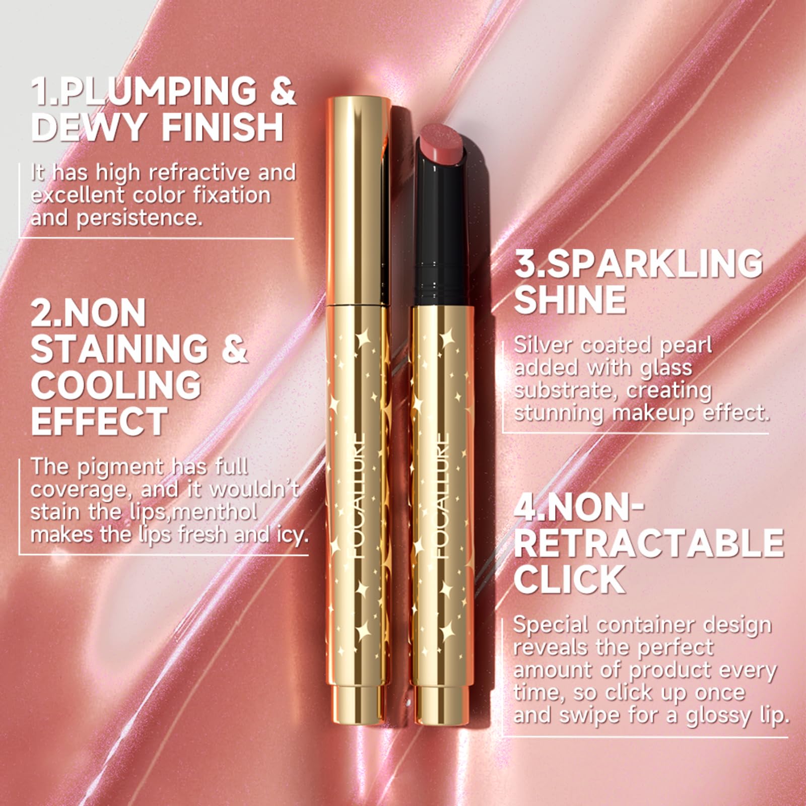 FOCALLURE Lip Plump gloss adds vibrant color with ultra-smooth, glossy shine.