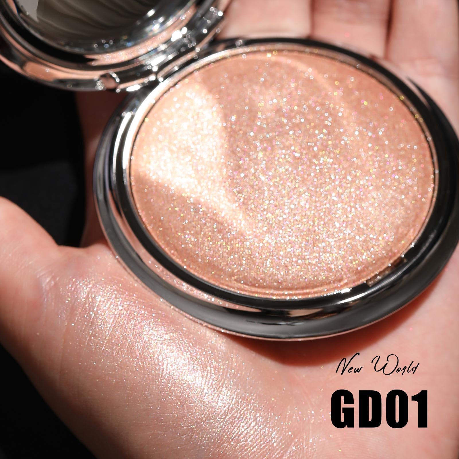 FOCALLURE Shimmer highlighter pearl-pink compact enhances natural highlights with subtle shimmer.