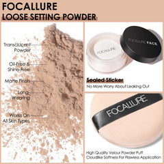 FOCALLURE Translucent Loose Powder swatch showing breathable coverage with a lightweight feel