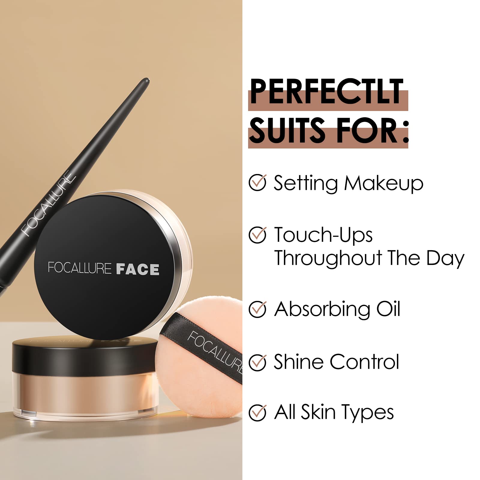 FOCALLURE Oil Control Loose Face Powder application on forehead and nose for shine reduction