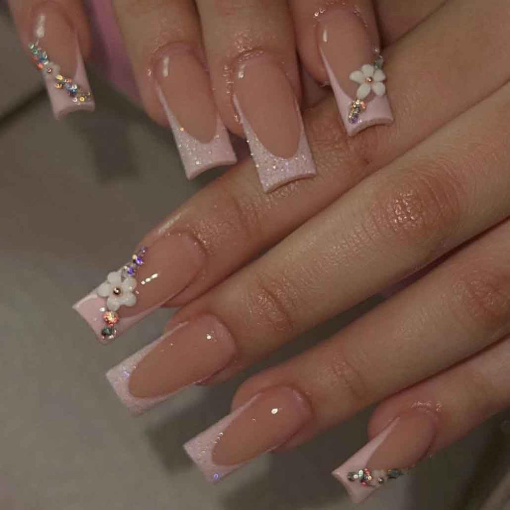 Foccna 3D flower nails in pink square for quick salon-like style at home.