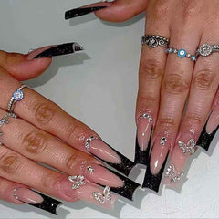 Foccna long rhinestone pink press-on nails with glossy finish for formal occasions.