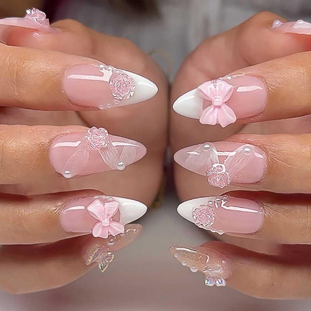 Foccna pink almond nails with 3D flowers for a salon-style manicure at home.