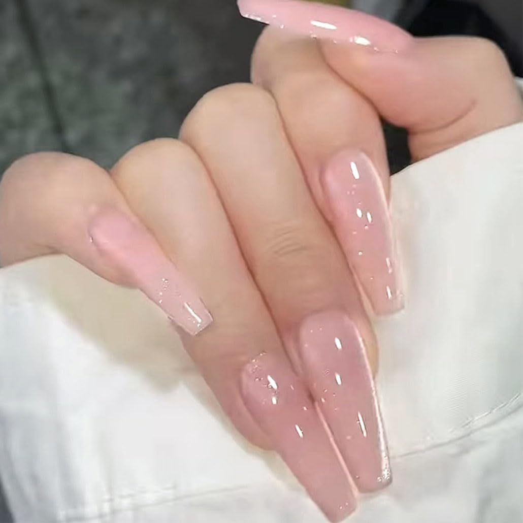 Foccna press-on nails long pink coffin bling for a glossy manicure