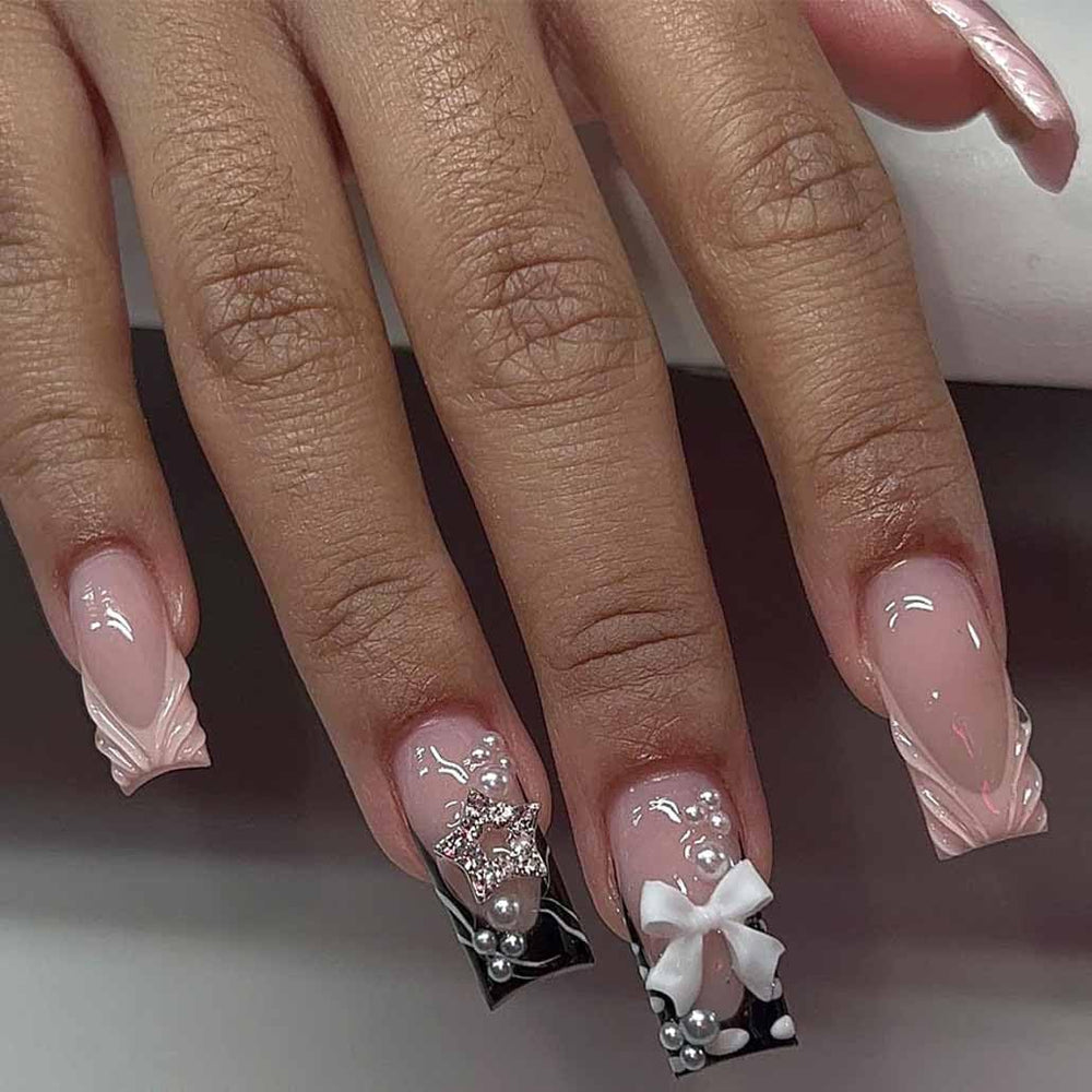 Foccna pink rhinestone press-on nails with a glossy square finish for quick glam.