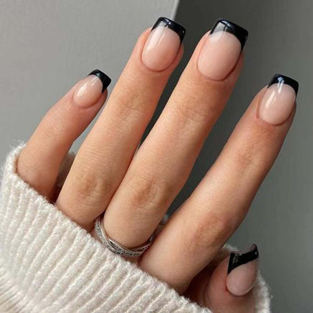 Foccna square press-on nails nude black for convenient everyday style.