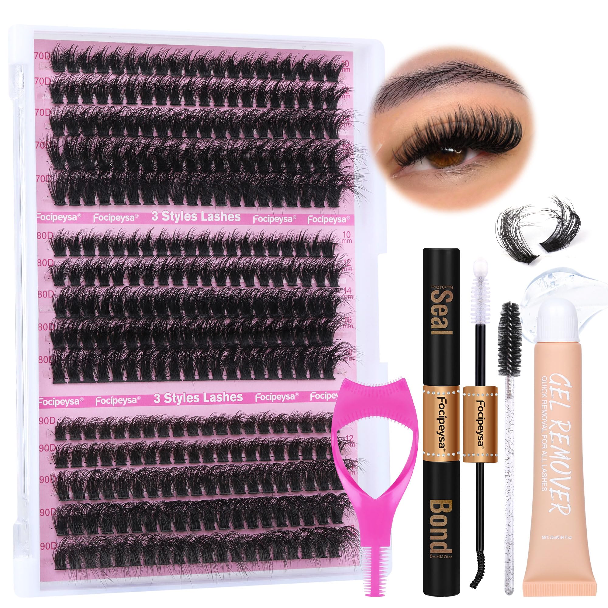 Focipeysa Full Volume Eyelash Kit close-up showing fluffy clusters for DIY lashes