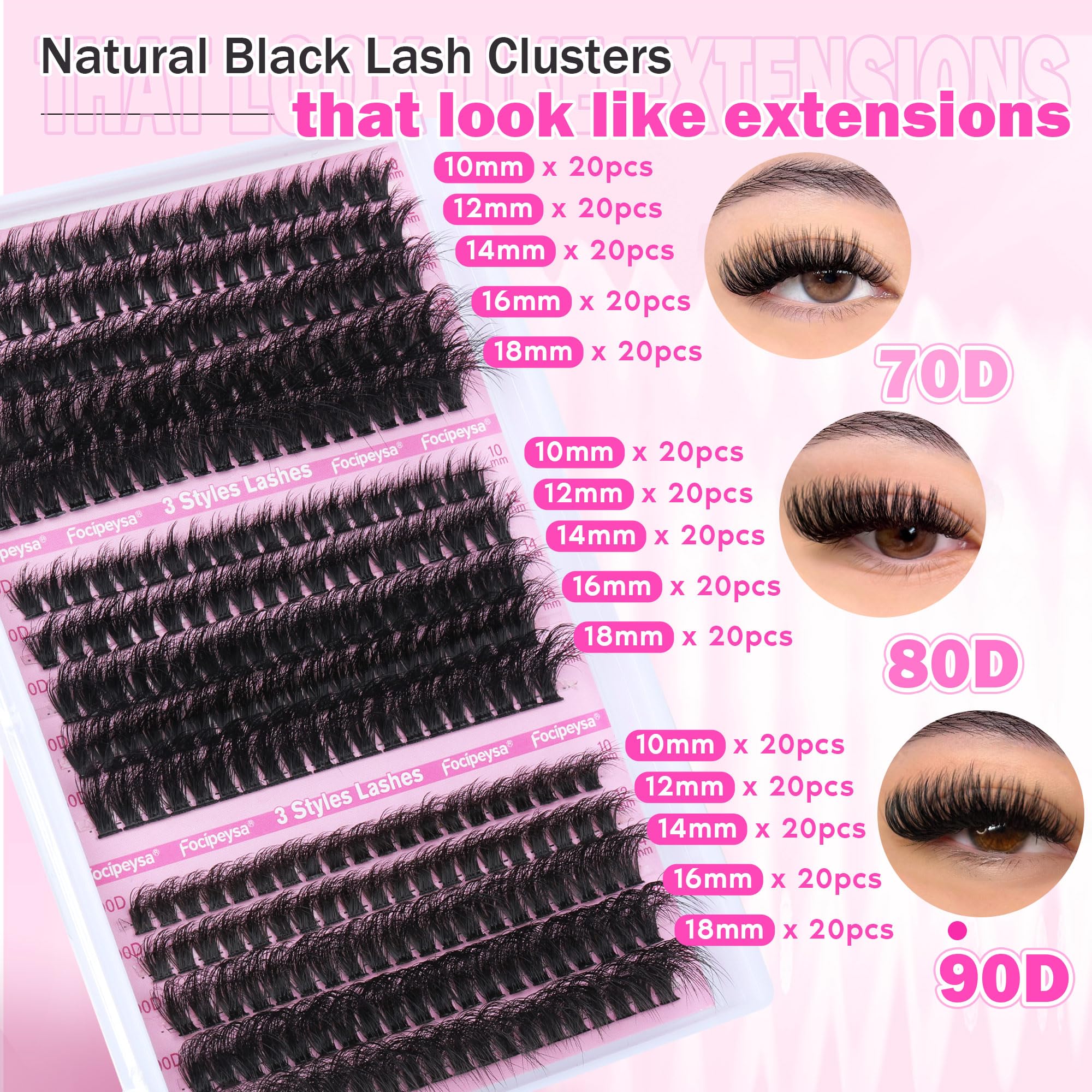 Focipeysa Lash Clusters 10-18mm mixed close-up for dramatic, fluffy volume
