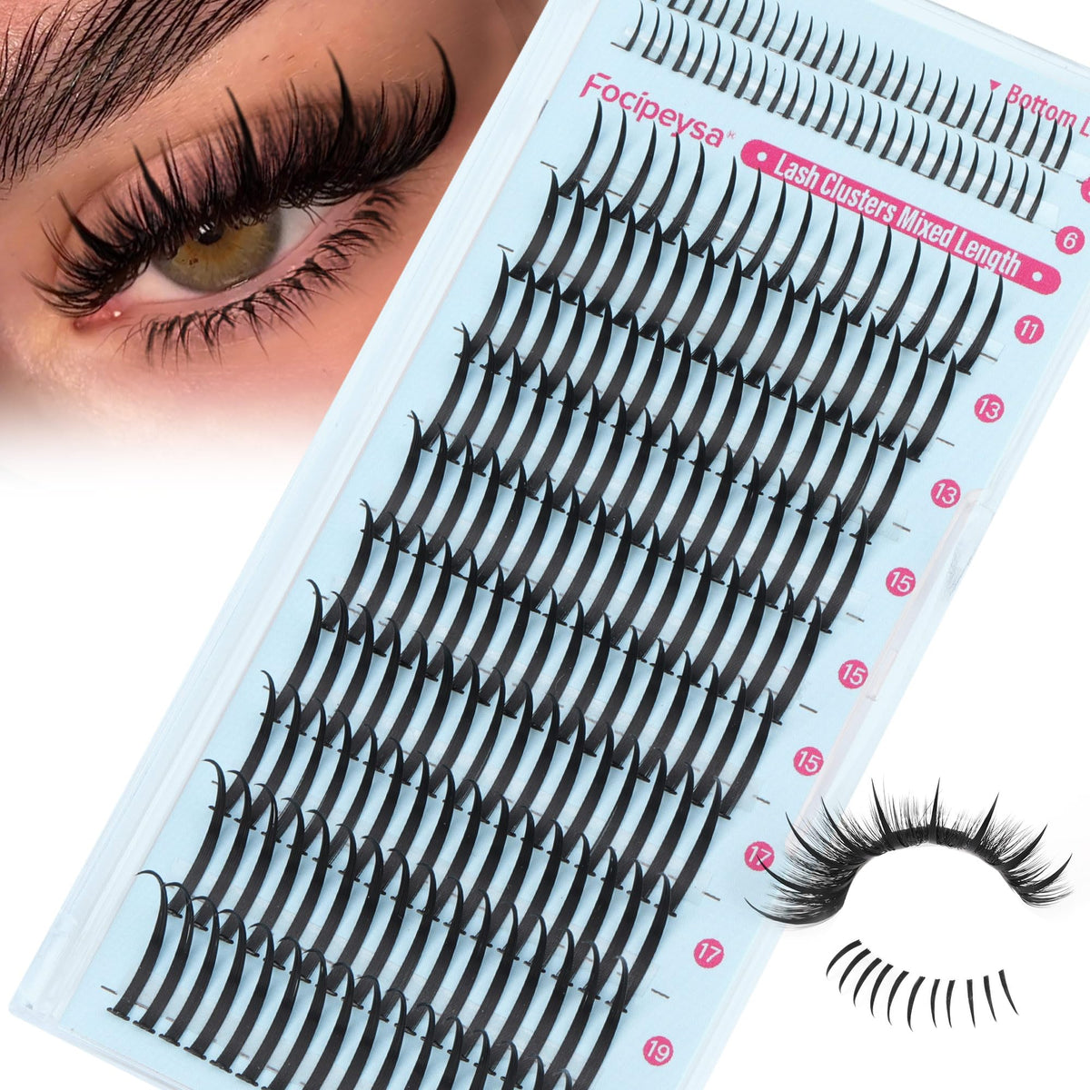 Focipeysa spike lash clusters 11-21mm bundle for dramatic manga-style eyes.