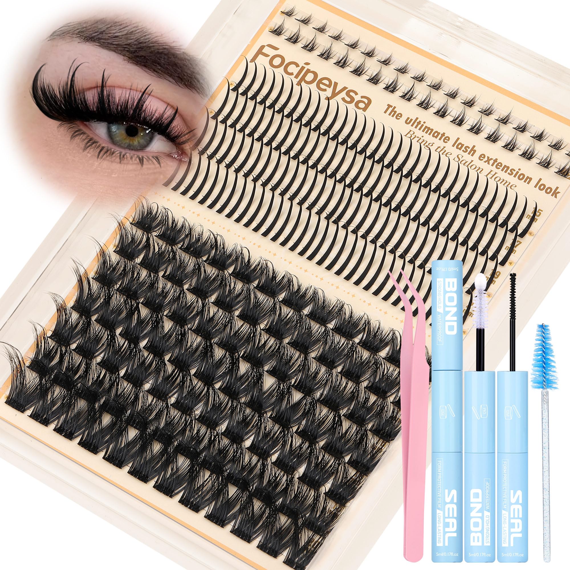 Focipeysa feather-tip lash clusters in 12-20mm for effortless natural-volume look.