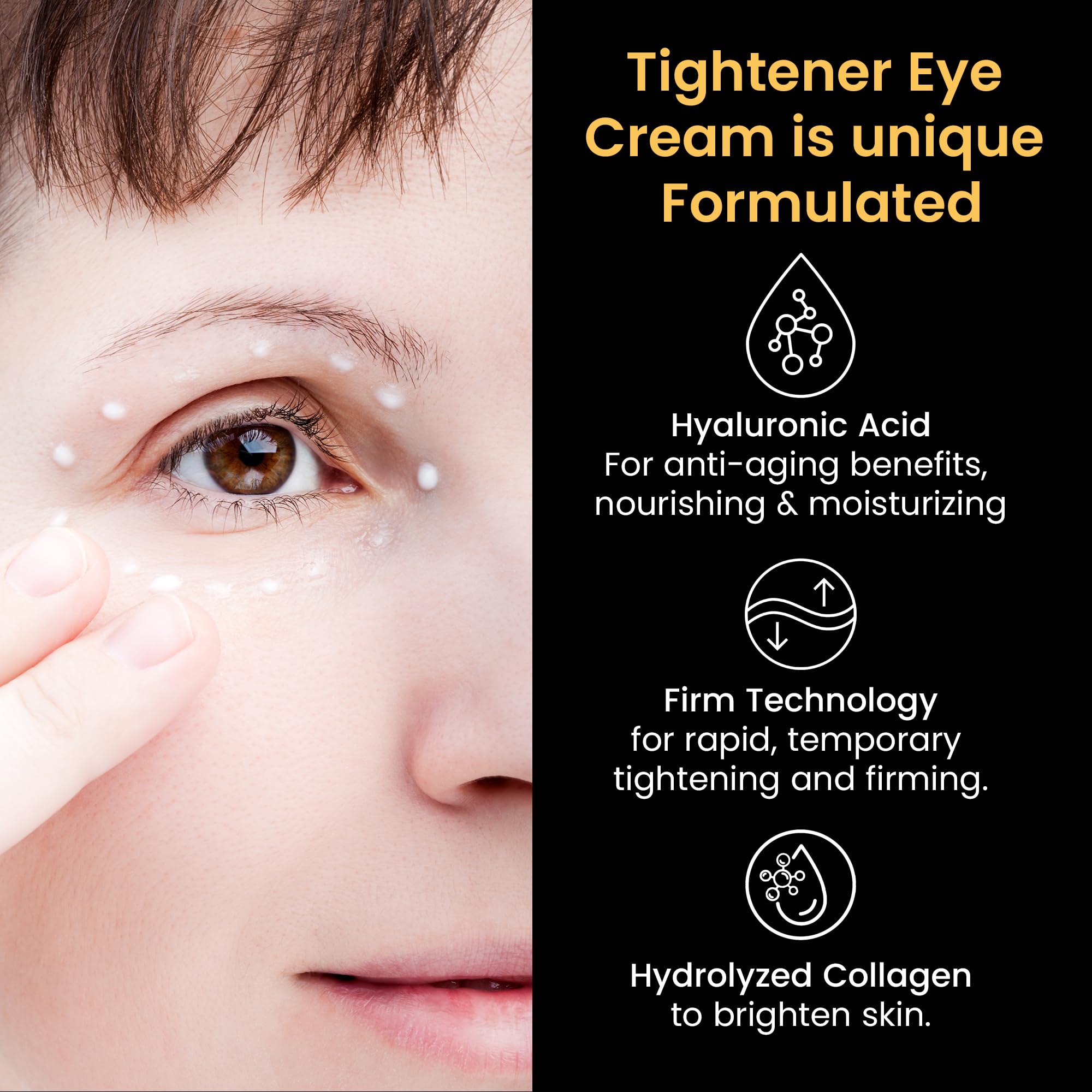 Foffreo eye tightener cream being applied under the eye for smoothing puffiness