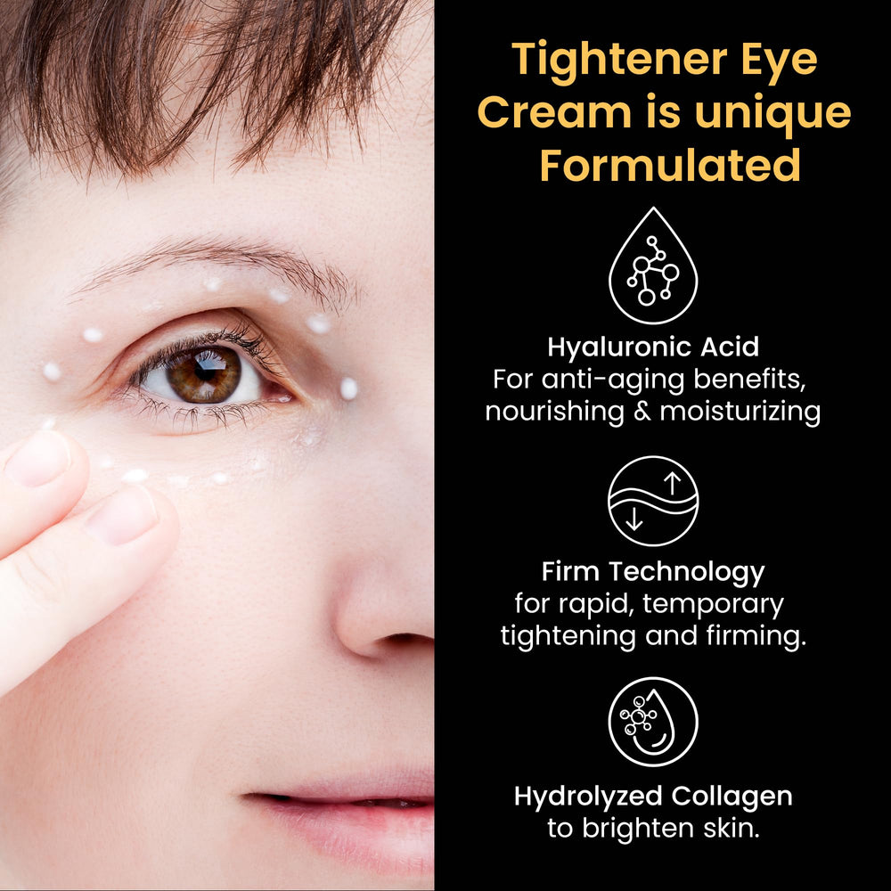 Foffreo eye tightener cream being applied under the eye for smoothing puffiness