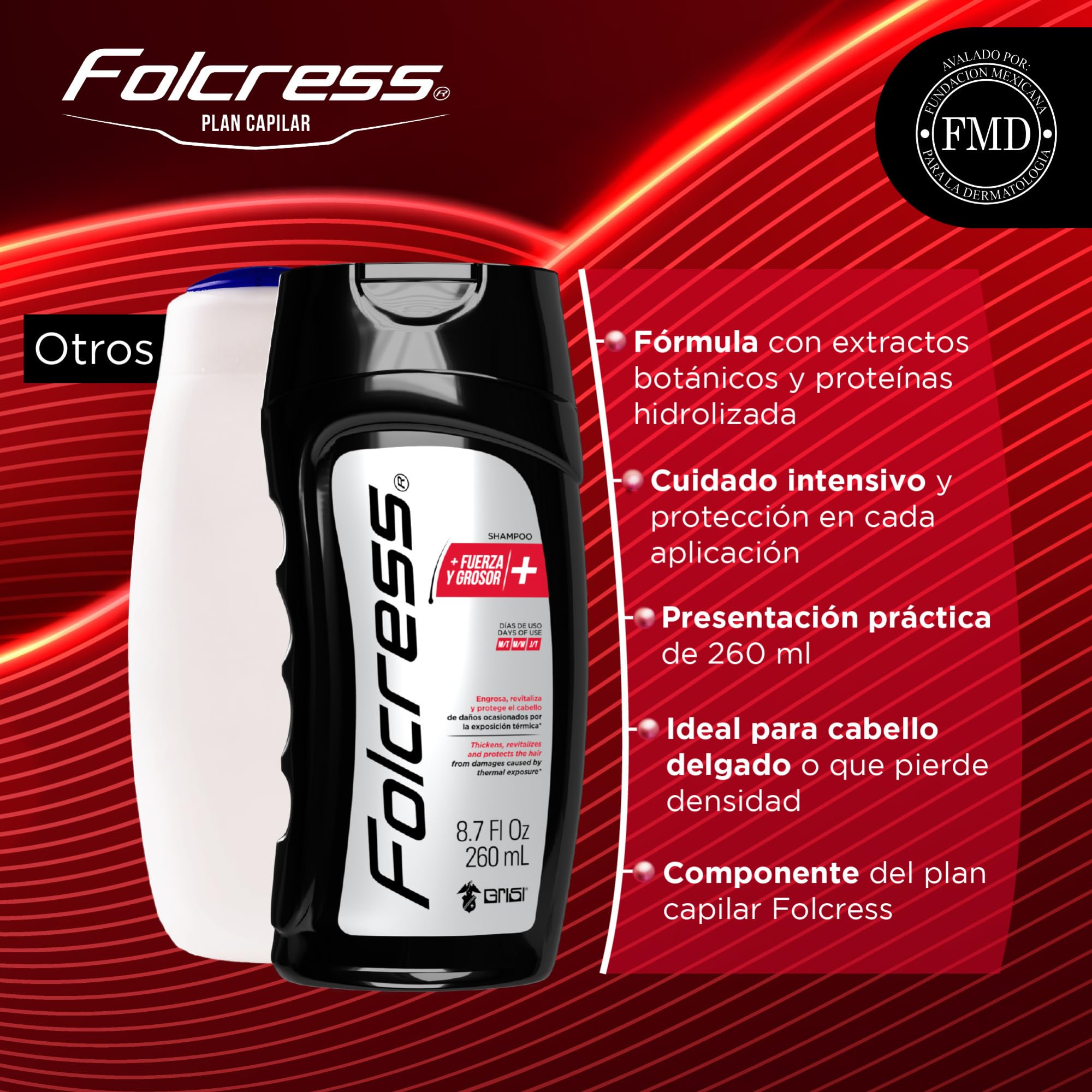 Folcress Shampoo bottle with ingredient imagery for transparent care.