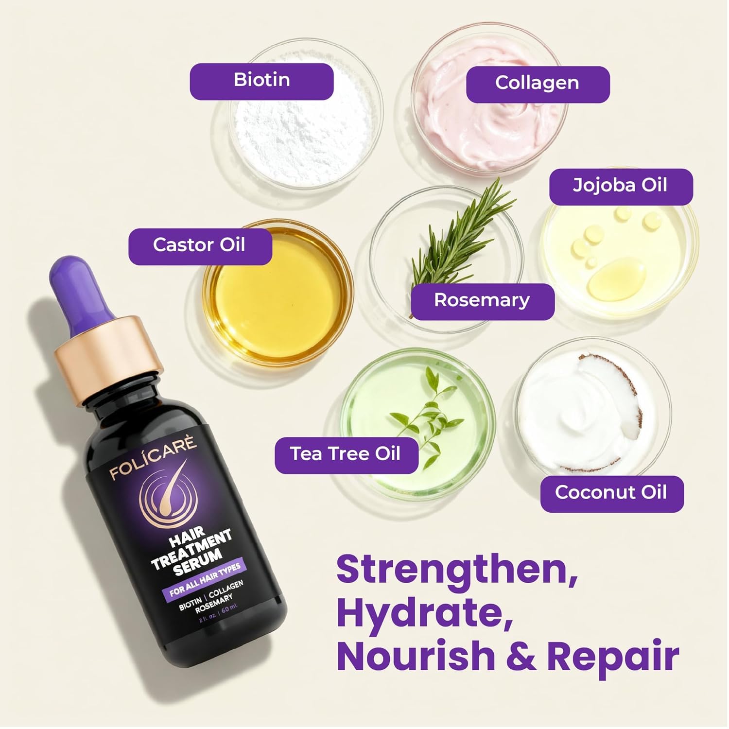 FOLICARE serum texture close-up shows a smooth, quick-penetrating formula.