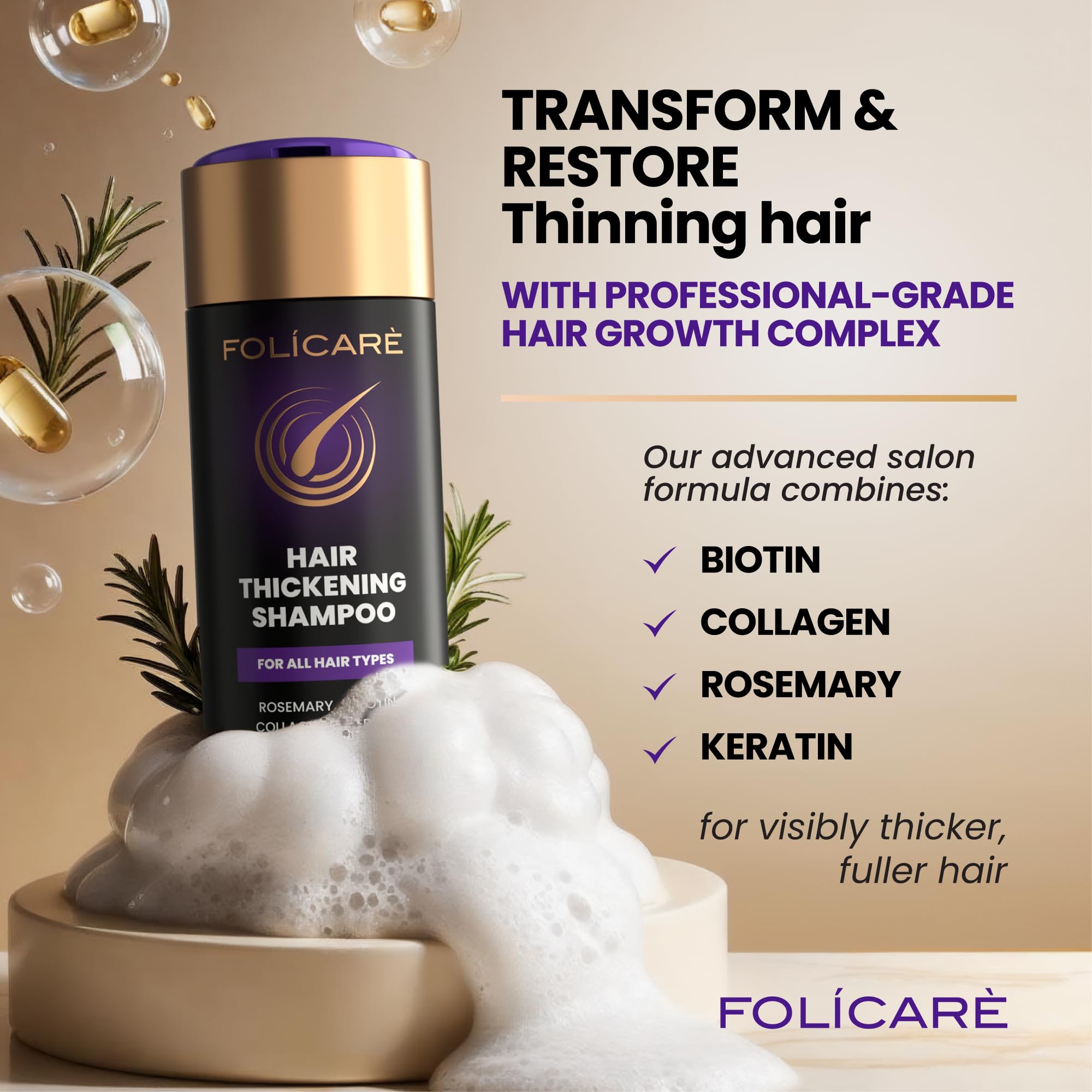 Folicare Rosemary-Keratin complex visuals suggest premium repair for damaged hair and added shine.
