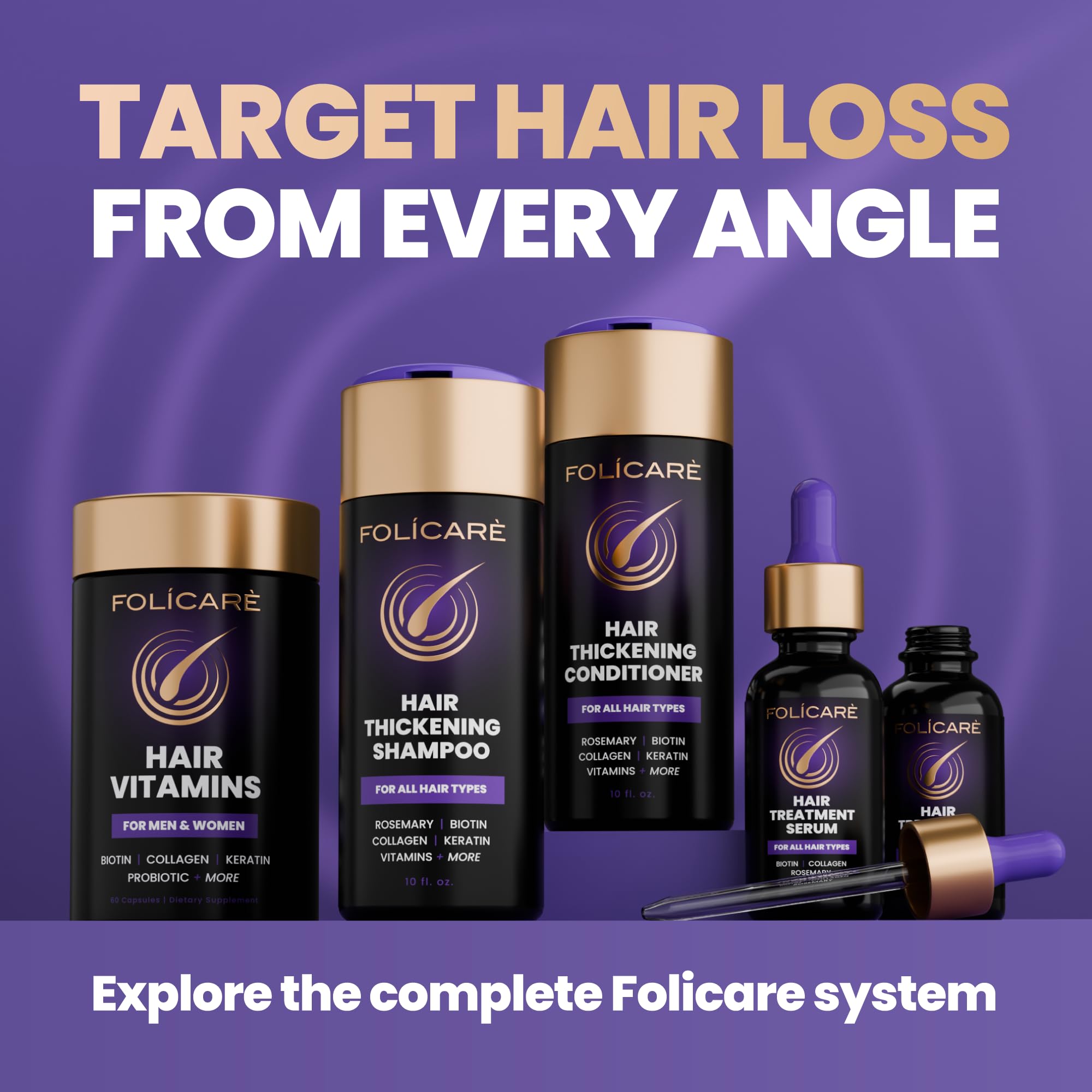 FOLICARE thickened strands close-up suggesting reduced breakage