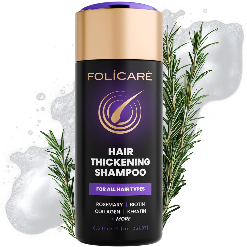 Folicare Thickening Hair Shampoo bottle promotes fuller-looking strands with a sulfate-free formula.