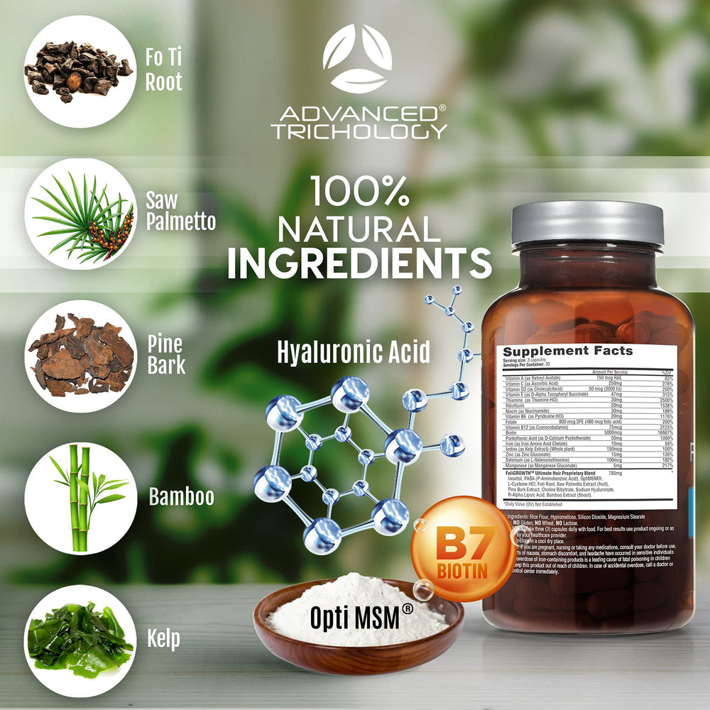 FoliGROWTH label close-up showing 28 herbs and vitamins.