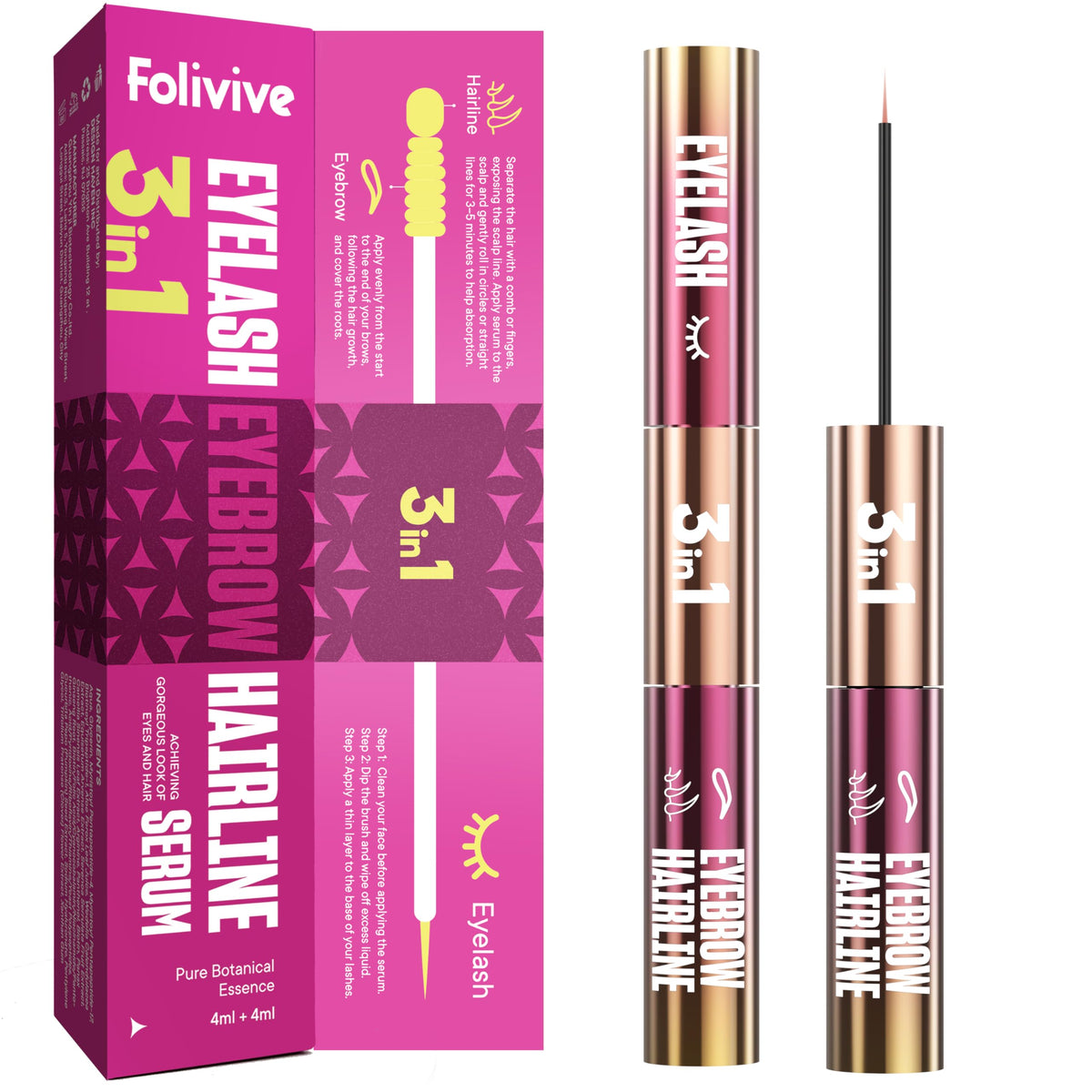 Folivive 3-in-1 serum bottle close-up for lash, brow, and hairline growth.