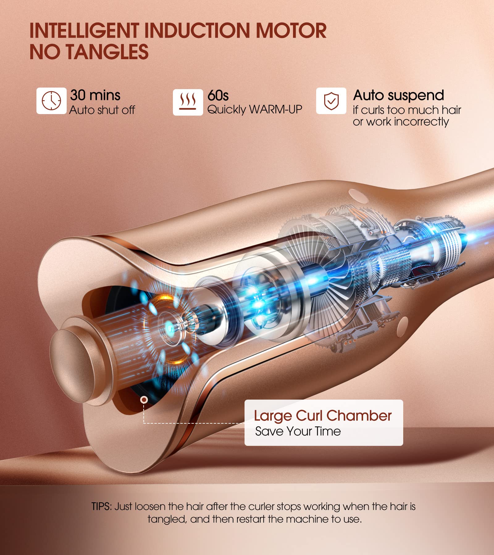 Follexmoe auto curl iron with large U-slot for easy hair intake.
