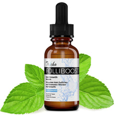 Folliboost bottle close-up showing the natural hair growth serum for fuller hair.