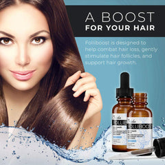 Folliboost label detail highlights Anagain and Baicapil for root vitality.